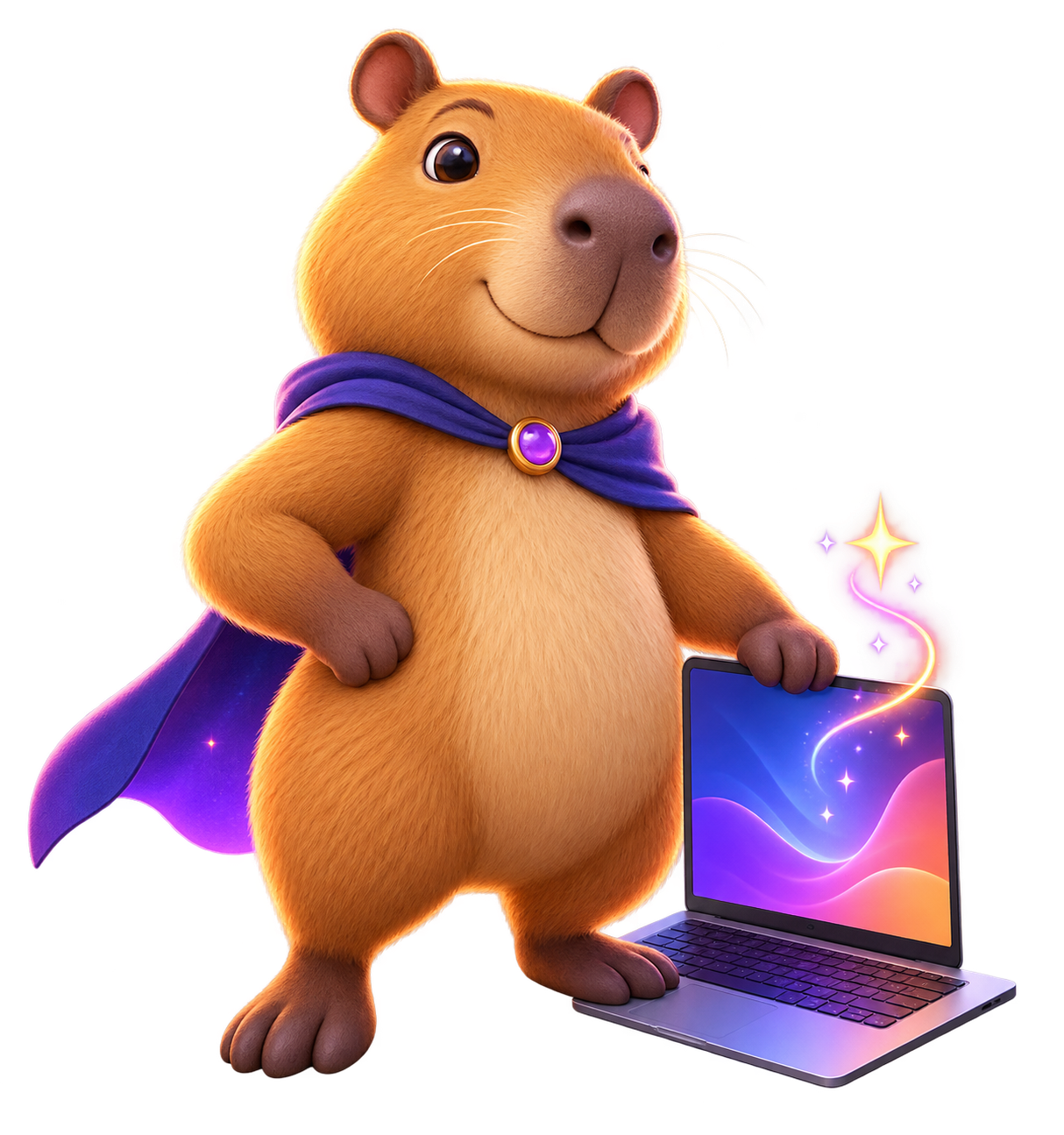 Capivara, mascote do Lovable Infinite, ao lado de um notebook